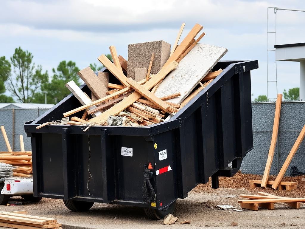 Construction debris loaded into a dumpster