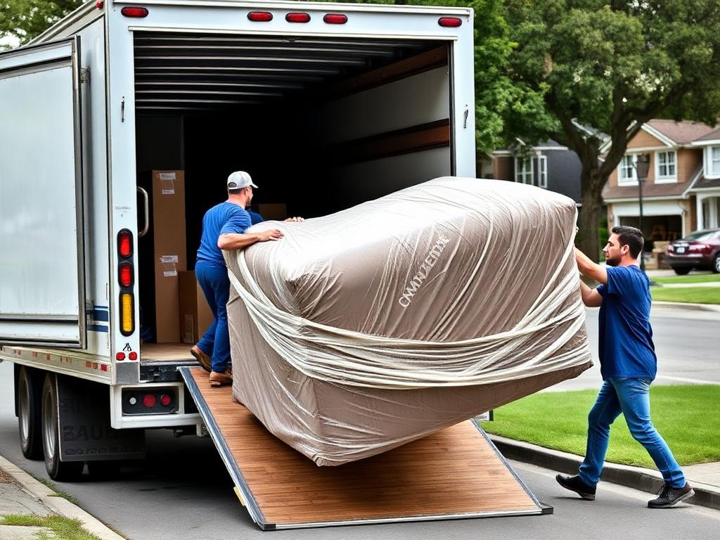 Movers loading a wrapped couch into a truck